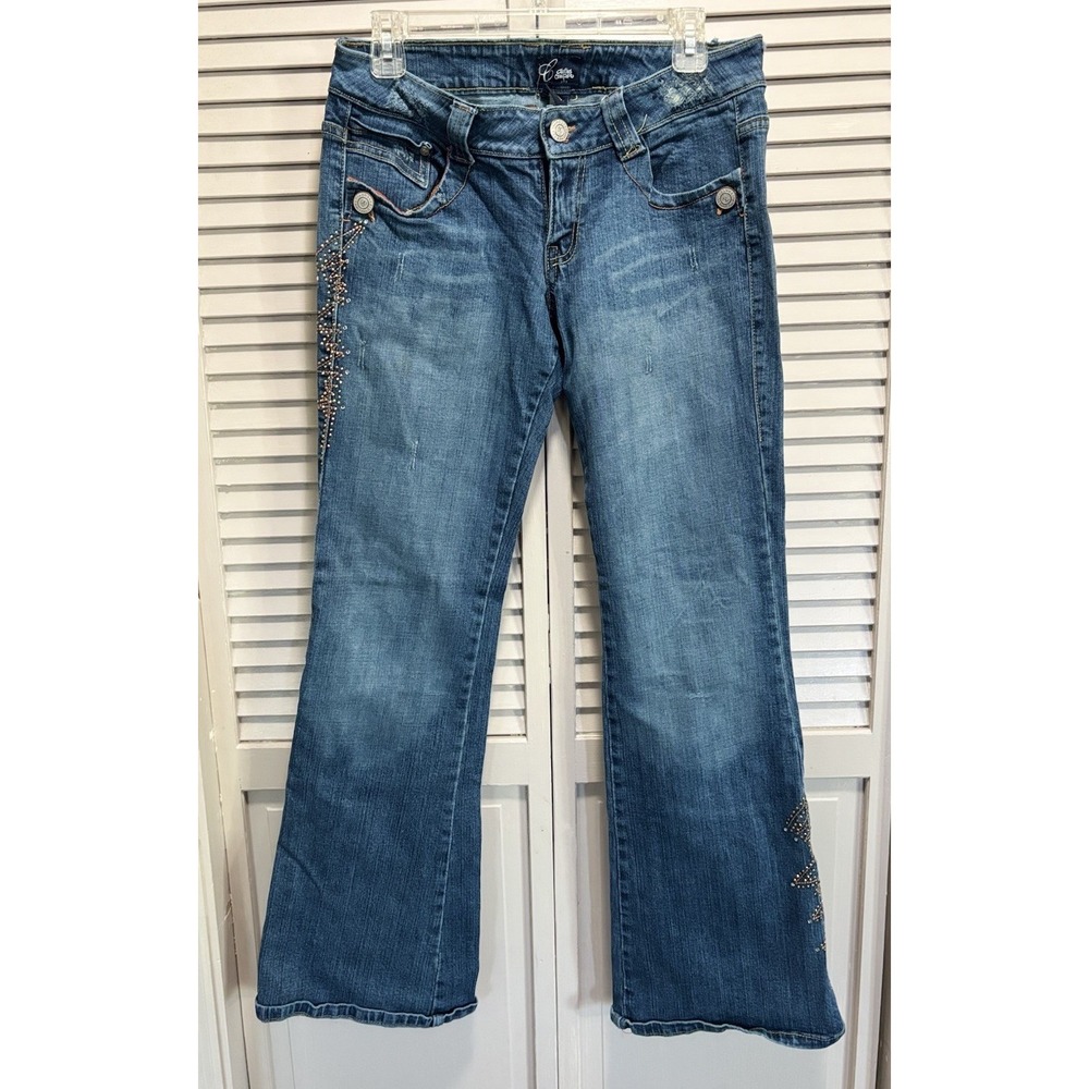 Clothes Compact Med Wash Denim Jeans Size 11 Flares Beaded Gems Distress Zip